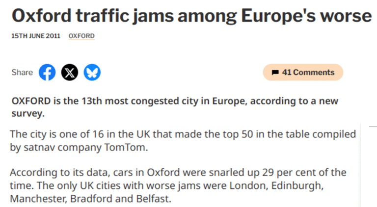 Oxford Traffic Jams 250 Years Of History News article showing that Oxford has 13th Worst traffic congestion In Europe