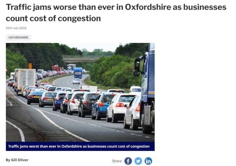 Oxford Mail article headline 'Traffic jams worse than ever in Oxfordshire as businesses count cost of congestion' and photo of a traffic jam