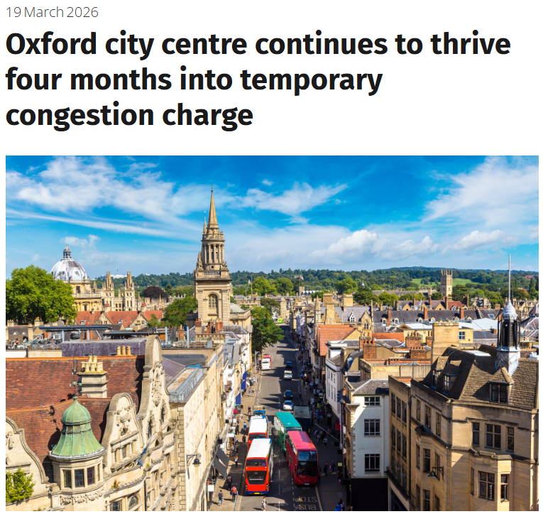 Picture of Oxford High Street from above with caption Oxford city centre continues to thrive four months into temporary congestion charge