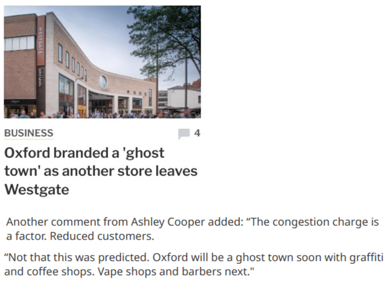 Article extract from Oxford Mail caption 'Oxford branded a 'ghost town' as another store leaves Westgate'